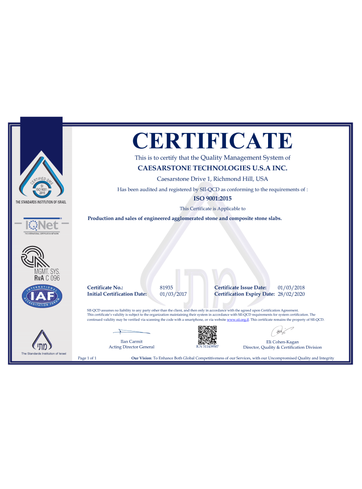 Caesarstone. Managementul calităţii ISO 9001-2015